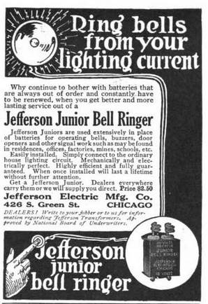 Jefferson Electric Junior Bell Ringer advertisement from a circa 1918 issue of Popular Mechanics magazine.