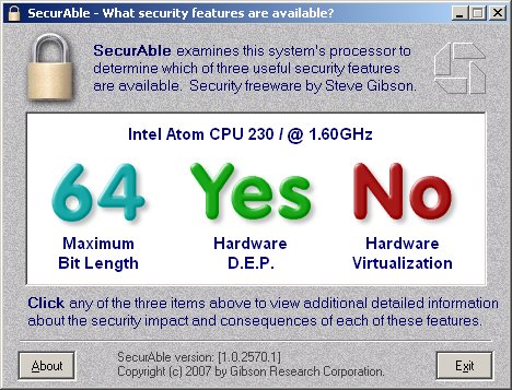 GRC Securable showing the Atom 230 CPU's EM64T support...